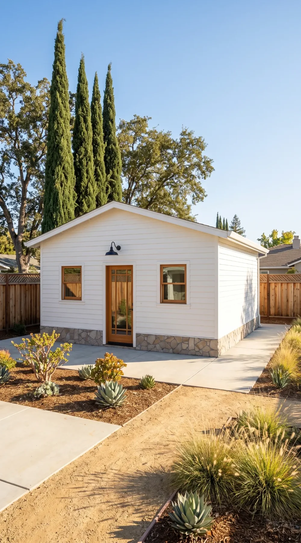 A finished white detached ADU with a stone base and a wood-framed glass door, framed by cypress trees