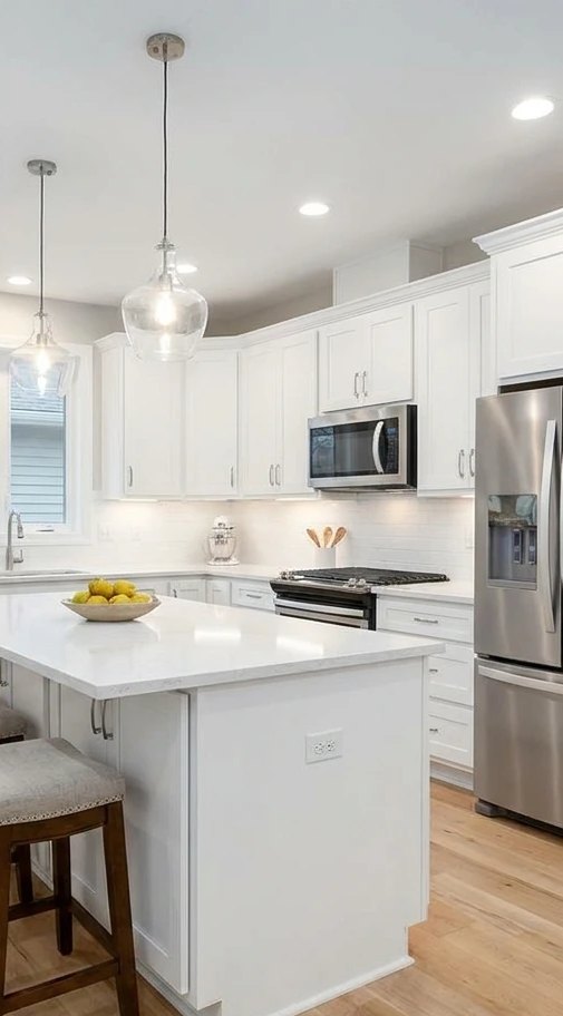 Remodeled kitchen with white shaker cabinets, a quartz island, pendant lights and stainless appliances