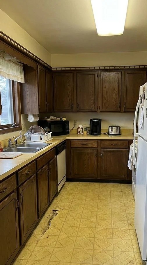 Kitchen before: dark wood cabinets, laminate counters and cracked yellow vinyl flooring
